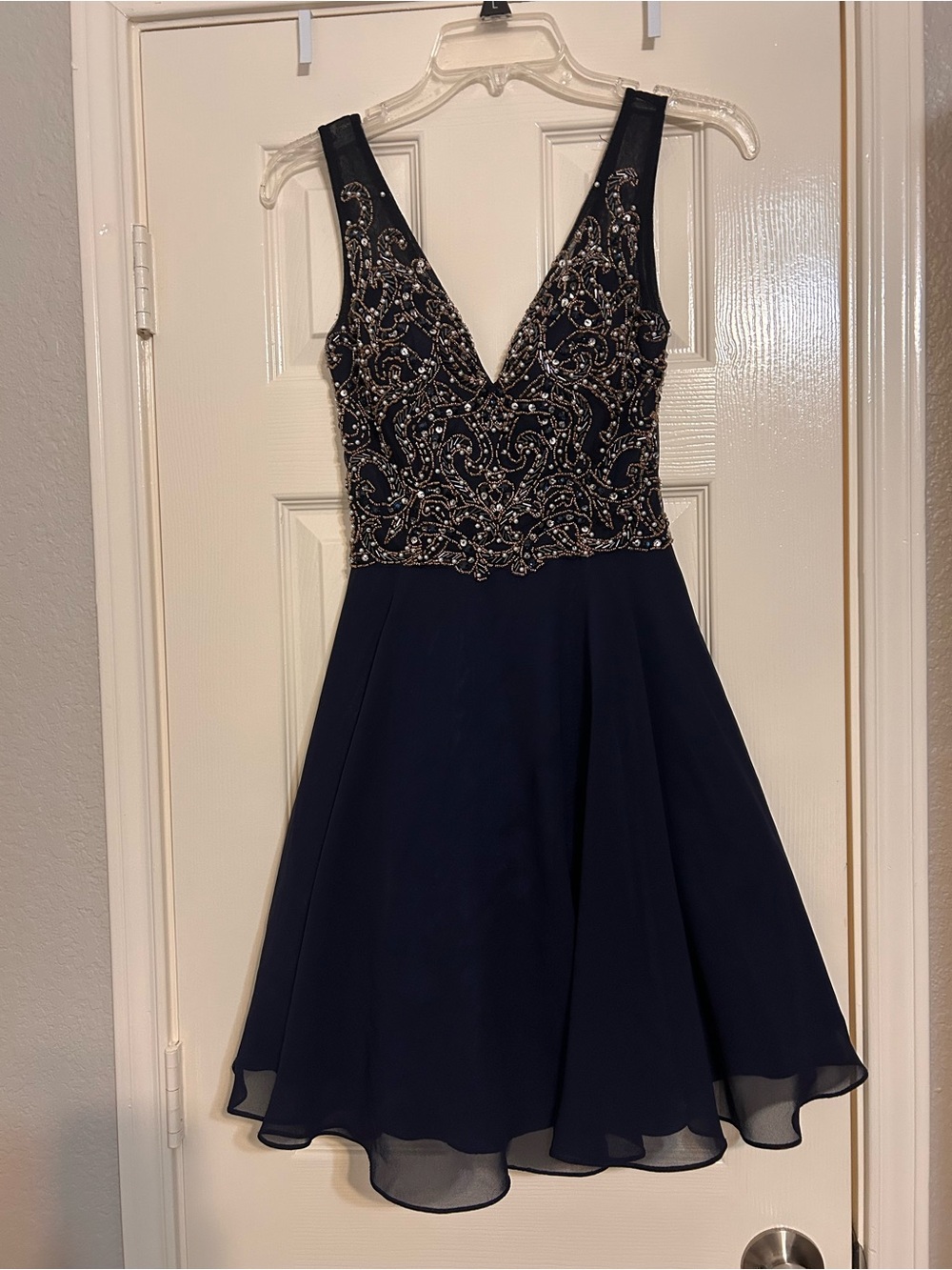 Gianni Bini Navy Embellished V-Neck A-Line Dress